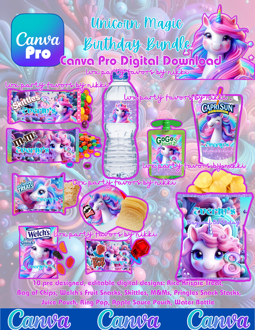 Unicorn Birthday Canva Digital Download